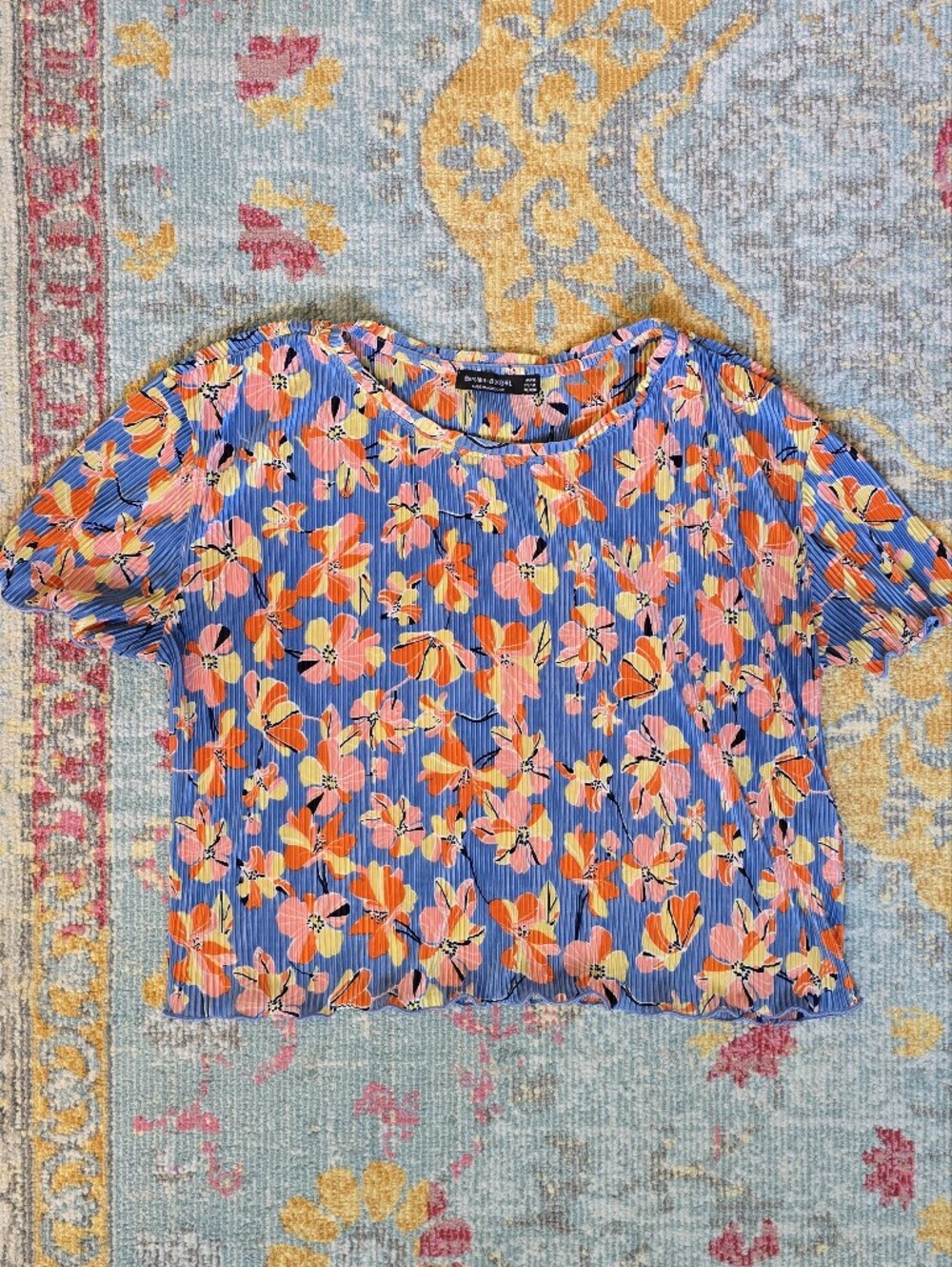 Bershka Blue Cropped Pleated Top with Orange and Pink Floral Print
